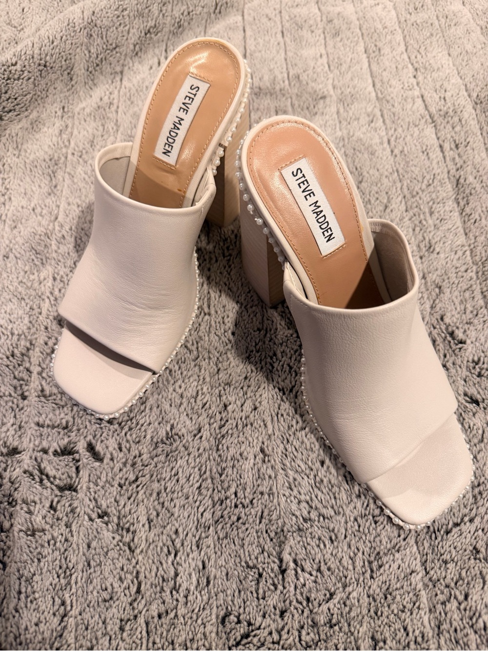 Steve Madden Decoded Bone White Pearl Open Toe Block Heeled Mule Sandal 7.5